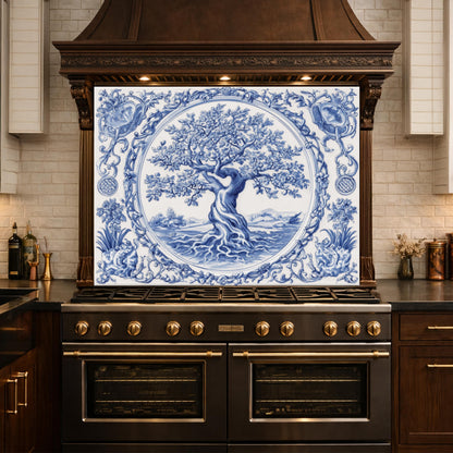 Blue White Tree of Life Glass Backsplash, Round Frame Vintage Tile Design