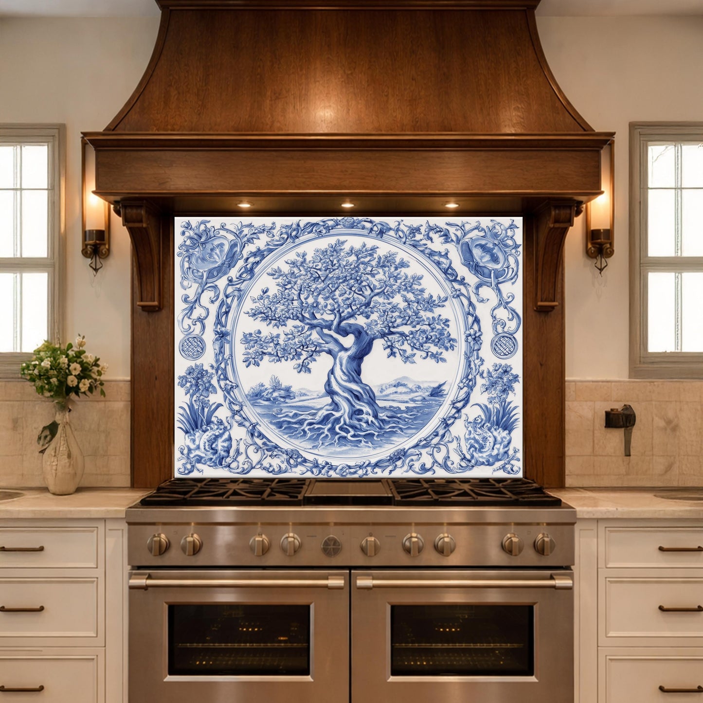 Blue White Tree of Life Glass Backsplash, Round Frame Vintage Tile Design