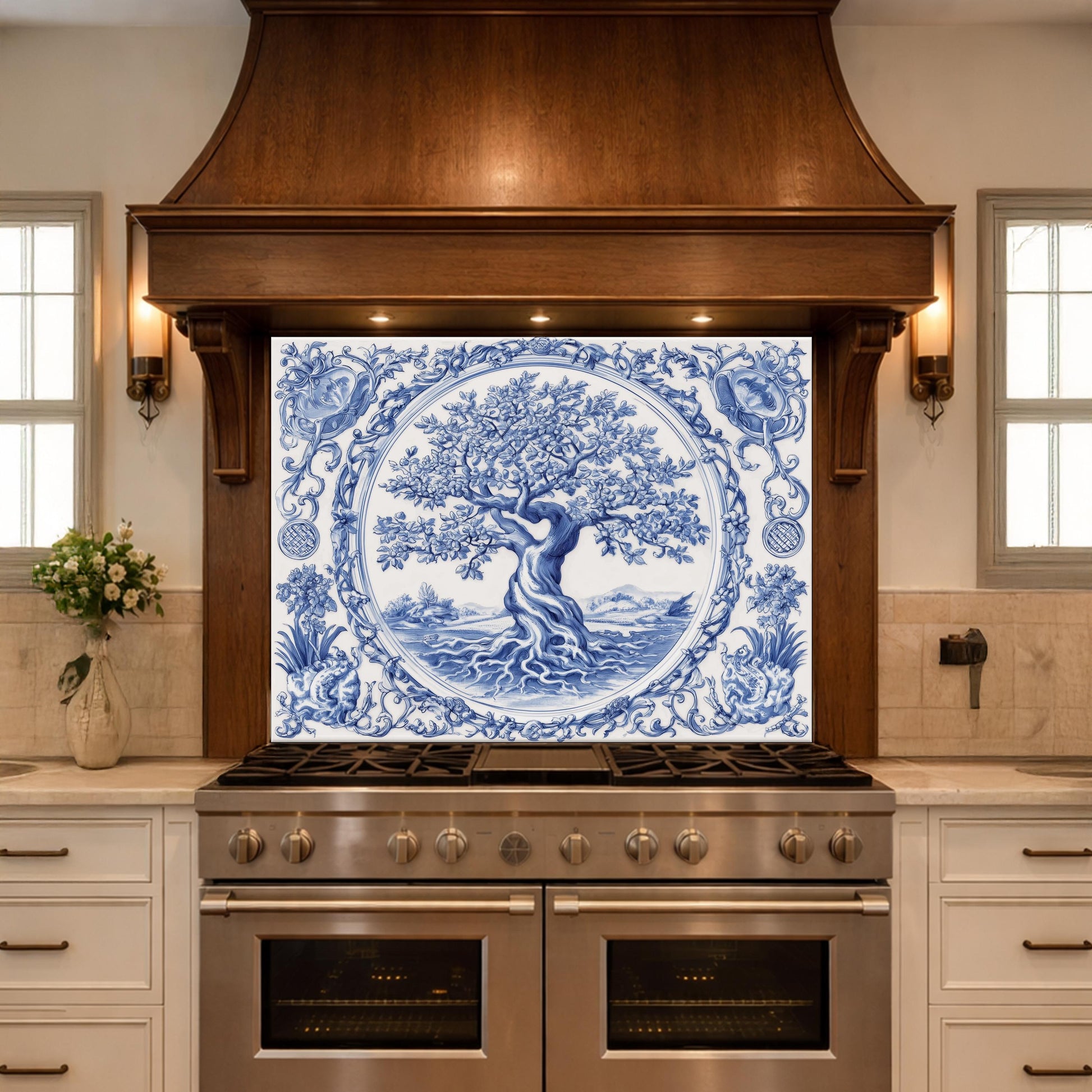 Blue White Tree of Life Glass Backsplash, Round Frame Vintage Tile Design