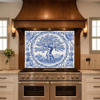 Blue White Tree of Life Glass Backsplash, Round Frame Vintage Tile Design