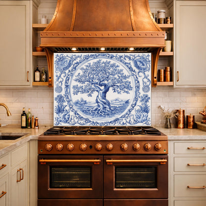 Blue White Tree of Life Glass Backsplash, Round Frame Vintage Tile Design
