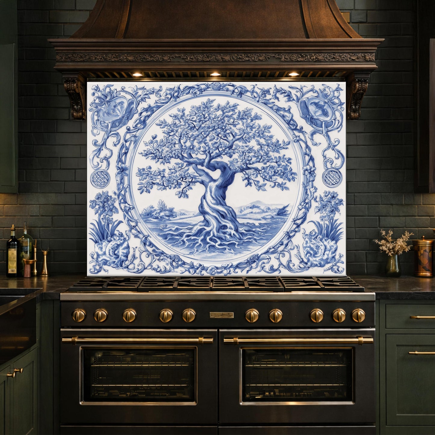 Blue White Tree of Life Glass Backsplash, Round Frame Vintage Tile Design