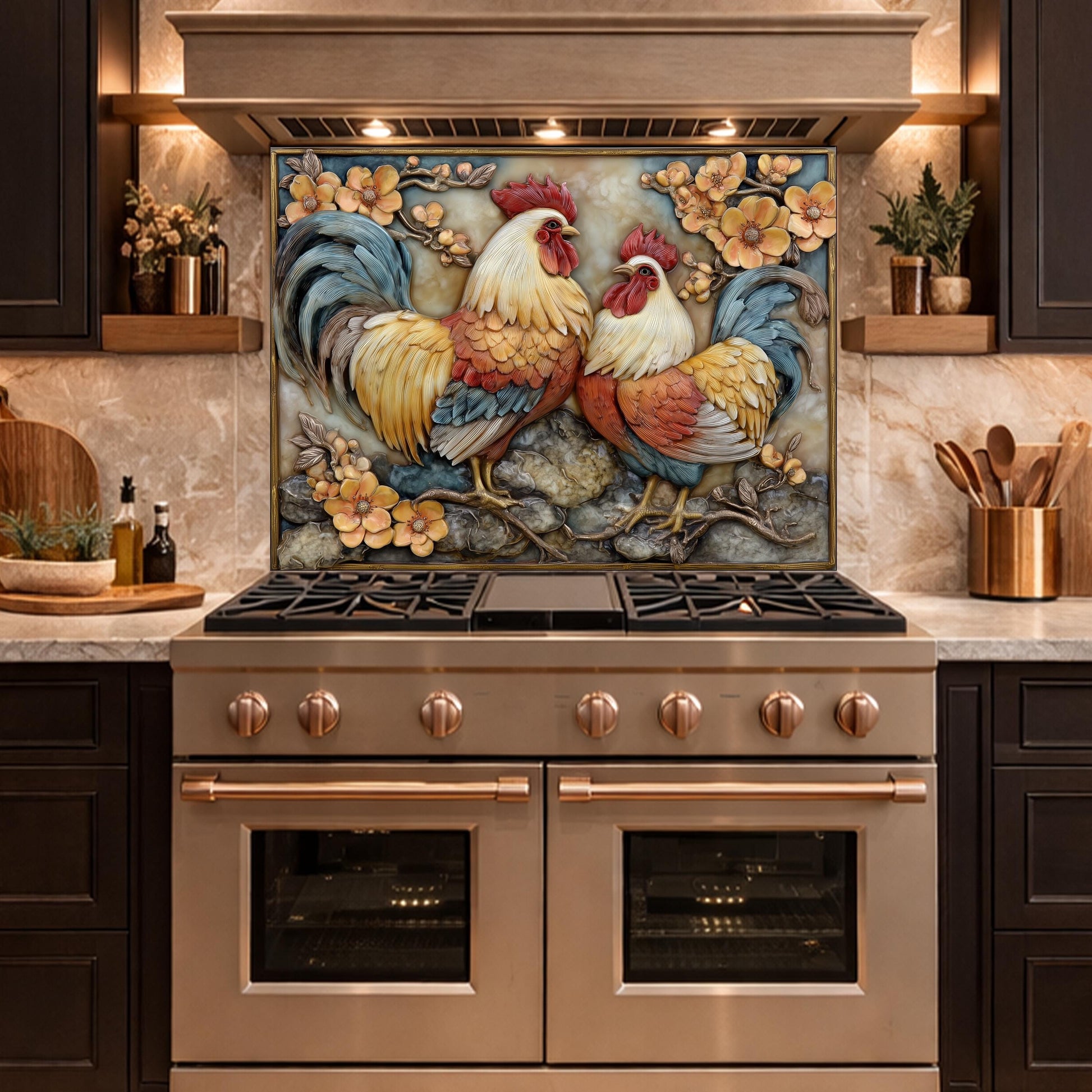 Colorful Rooster Glass Backsplash, Farmhouse Kitchen Decor UV Printed Panel