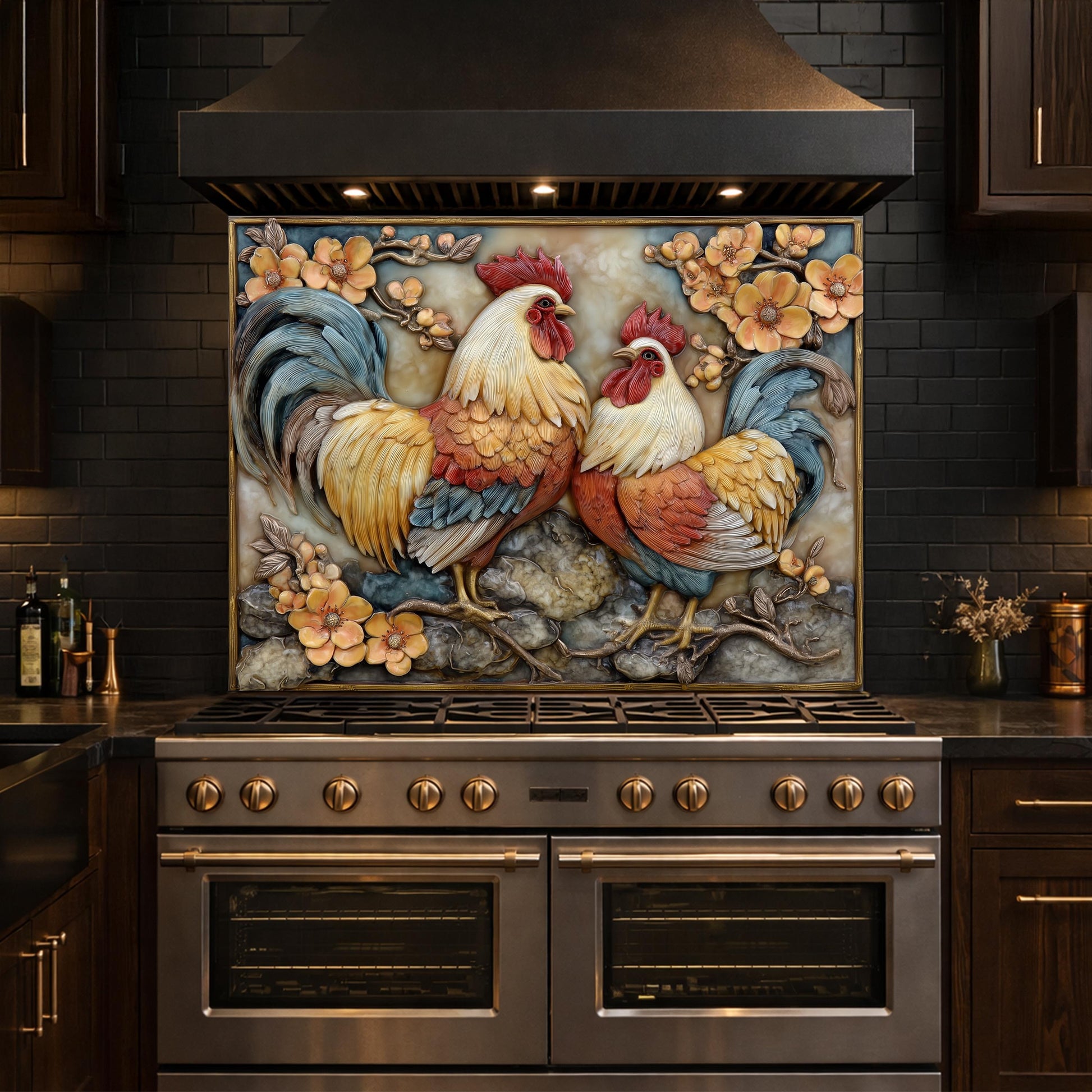 Colorful Rooster Glass Backsplash, Farmhouse Kitchen Decor UV Printed Panel