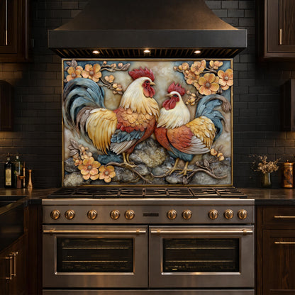 Colorful Rooster Glass Backsplash, Farmhouse Kitchen Decor UV Printed Panel