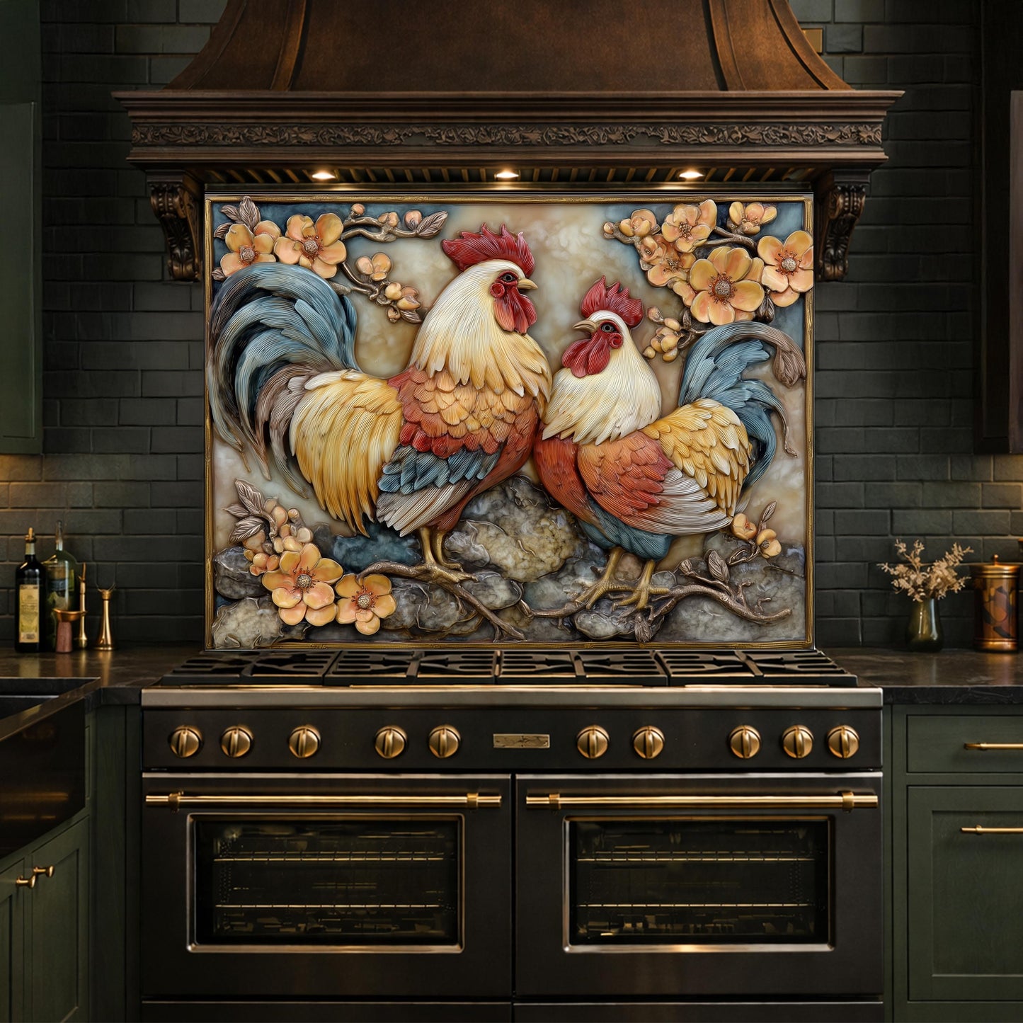 Colorful Rooster Glass Backsplash, Farmhouse Kitchen Decor UV Printed Panel