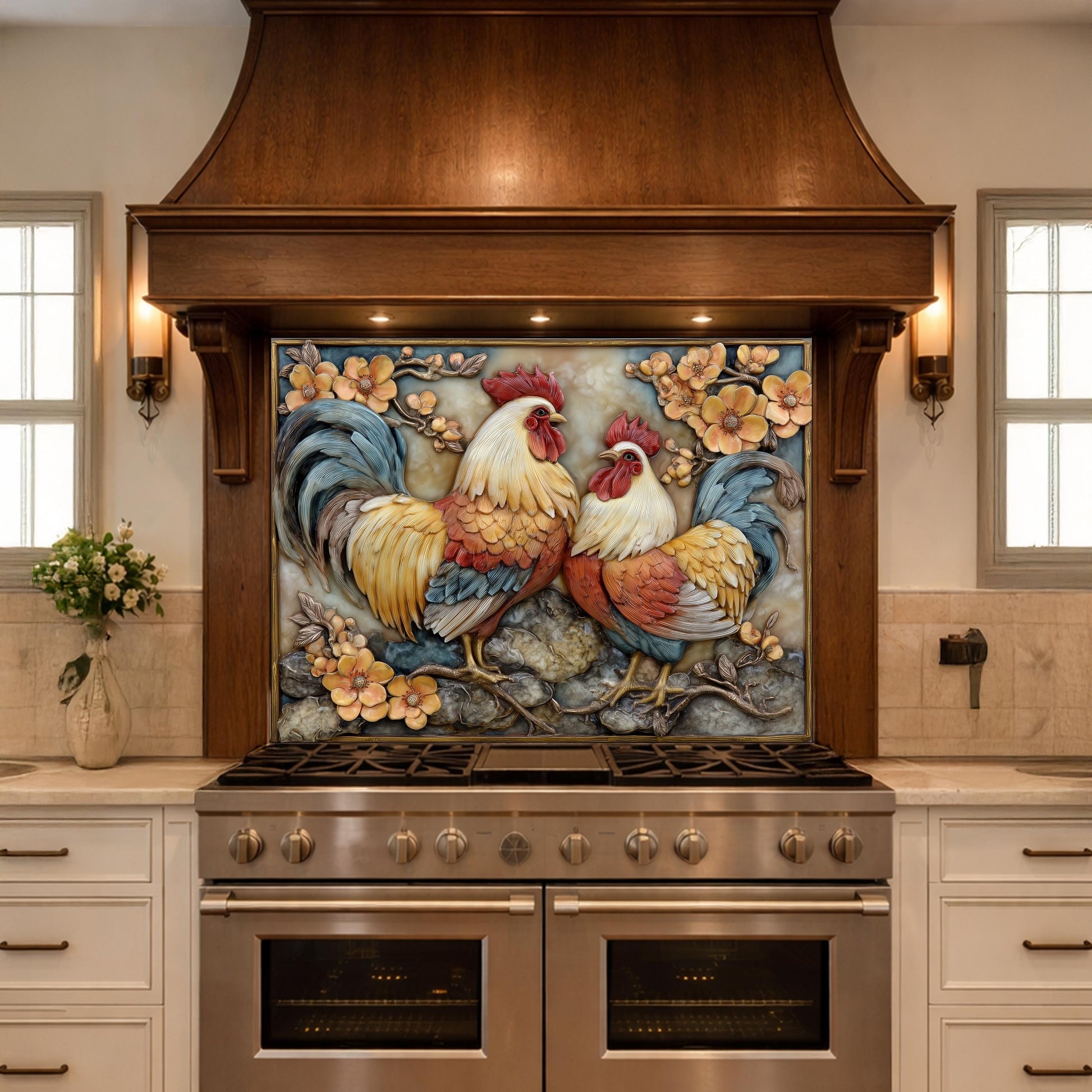 Colorful Rooster Glass Backsplash, Farmhouse Kitchen Decor UV Printed Panel