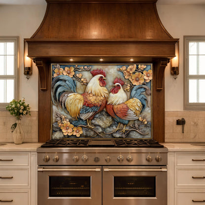 Colorful Rooster Glass Backsplash, Farmhouse Kitchen Decor UV Printed Panel