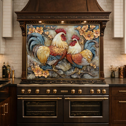 Colorful Rooster Glass Backsplash, Farmhouse Kitchen Decor UV Printed Panel