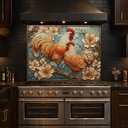 Colorful Rooster Glass Backsplash, Farmhouse Floral Kitchen Wall Panel Decor