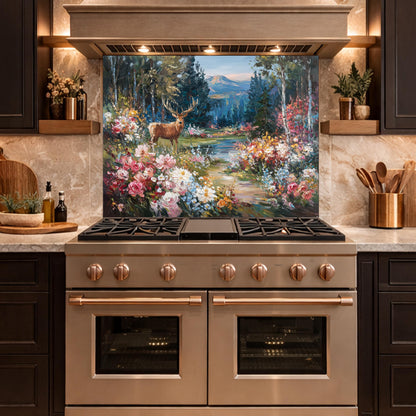 Deer Forest Floral Glass Backsplash, Colorful Mountain Landscape Kitchen Panel