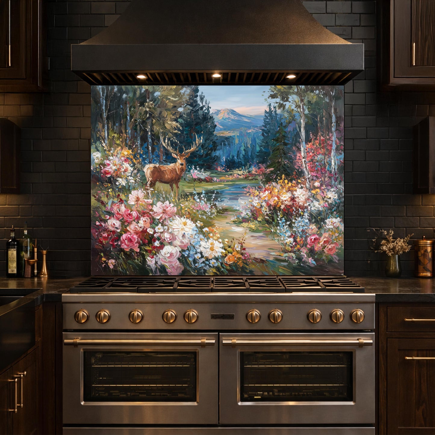 Deer Forest Floral Glass Backsplash, Colorful Mountain Landscape Kitchen Panel