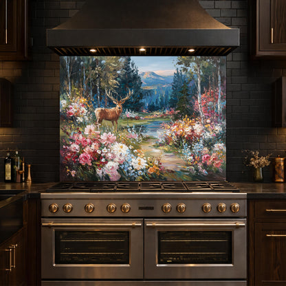 Deer Forest Floral Glass Backsplash, Colorful Mountain Landscape Kitchen Panel
