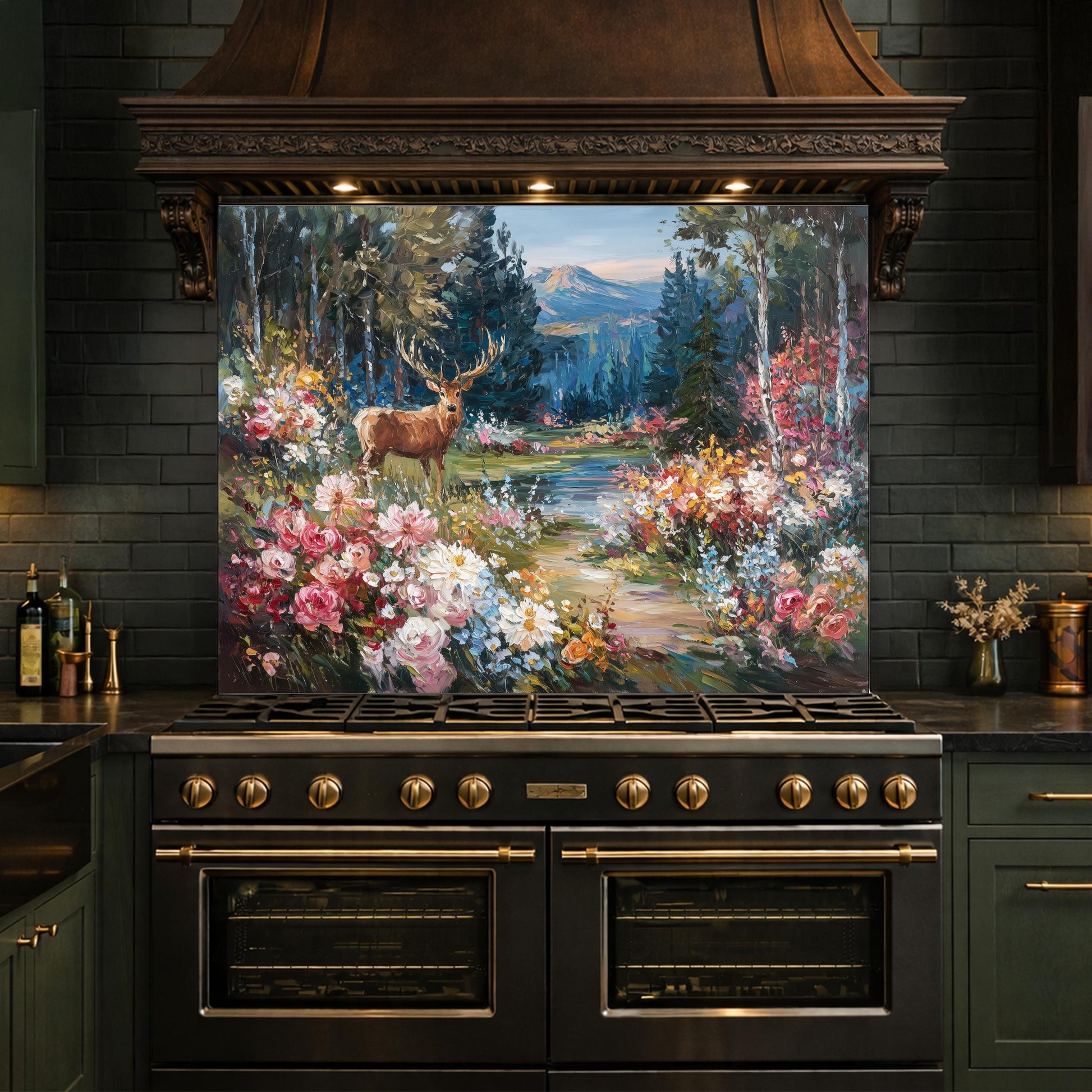 Deer Forest Floral Glass Backsplash, Colorful Mountain Landscape Kitchen Panel