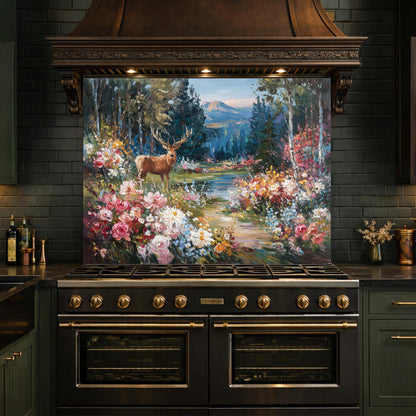 Deer Forest Floral Glass Backsplash, Colorful Mountain Landscape Kitchen Panel