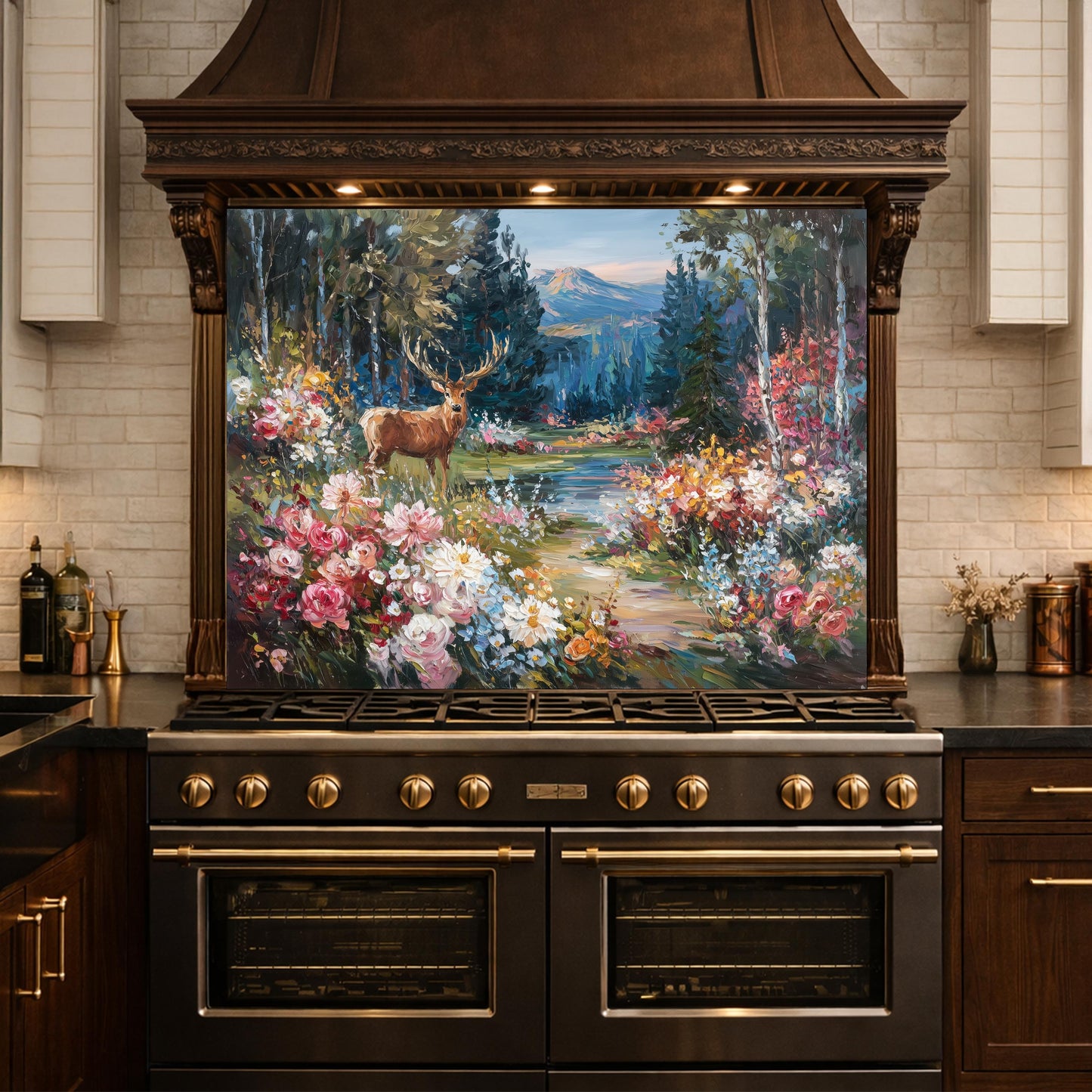 Deer Forest Floral Glass Backsplash, Colorful Mountain Landscape Kitchen Panel