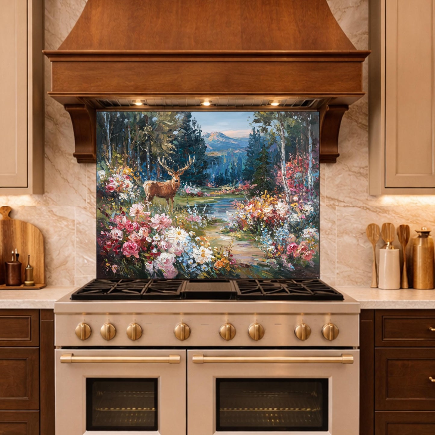 Deer Forest Floral Glass Backsplash, Colorful Mountain Landscape Kitchen Panel