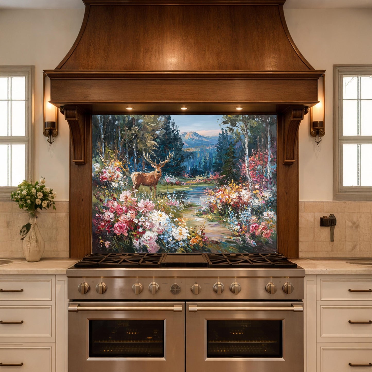 Deer Forest Floral Glass Backsplash, Colorful Mountain Landscape Kitchen Panel