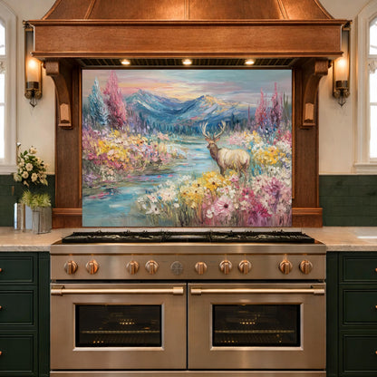 Colorful Deer Lake Glass Backsplash, Floral Mountain Landscape Kitchen Panel