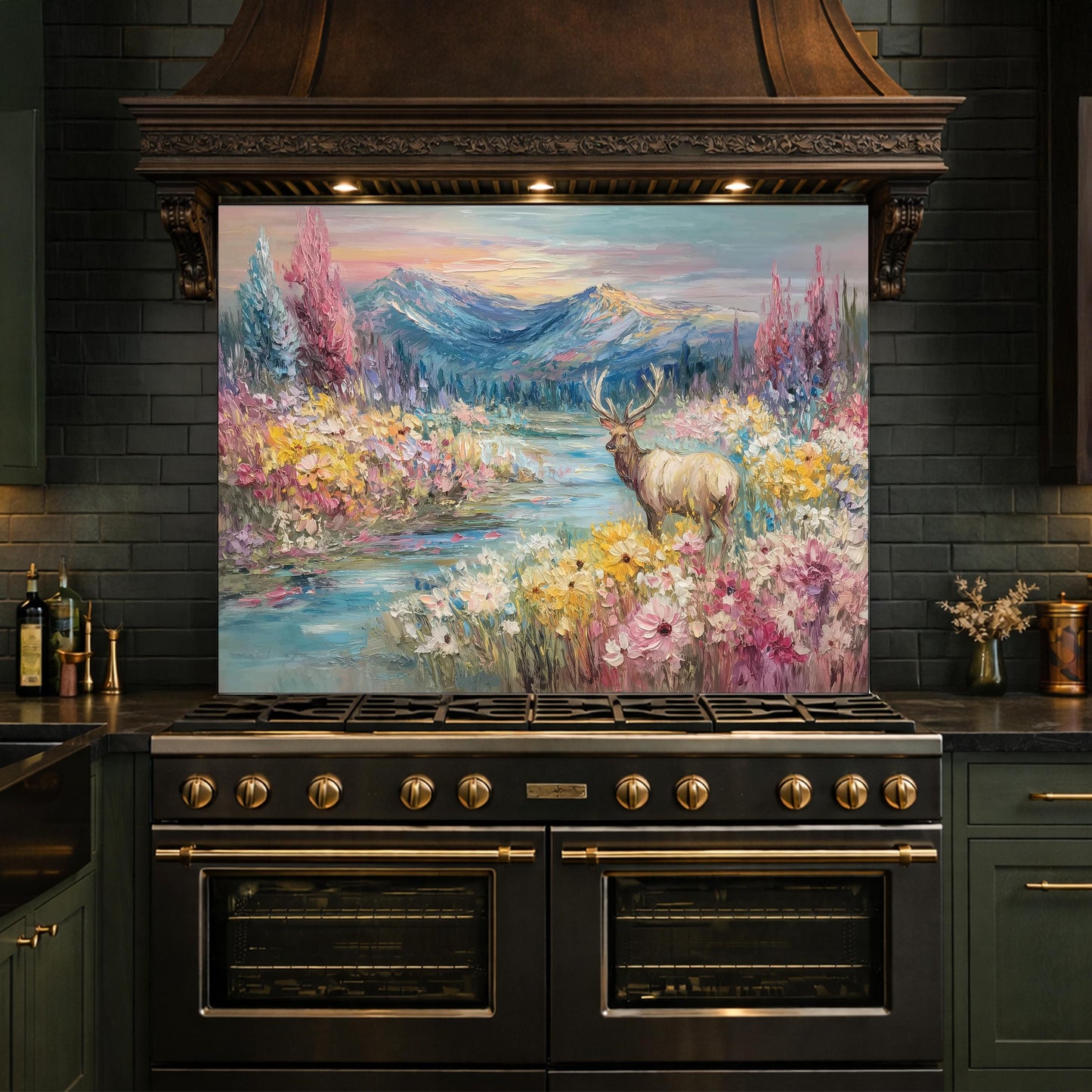 Colorful Deer Lake Glass Backsplash, Floral Mountain Landscape Kitchen Panel
