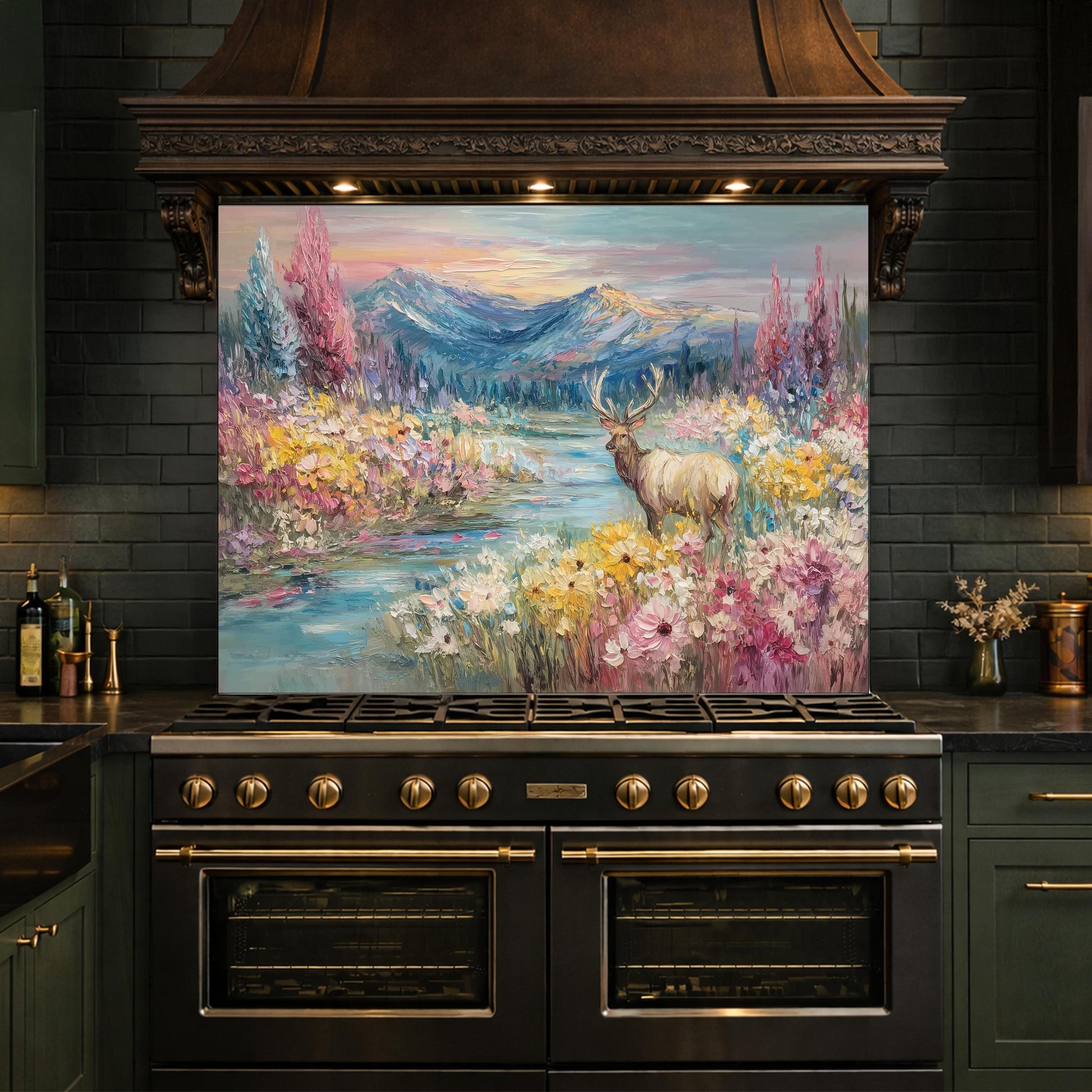Colorful Deer Lake Glass Backsplash, Floral Mountain Landscape Kitchen Panel