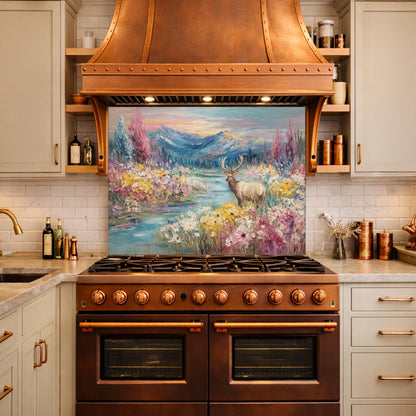 Colorful Deer Lake Glass Backsplash, Floral Mountain Landscape Kitchen Panel