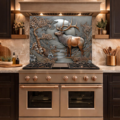 3D Deer Relief Glass Backsplash, Metallic Floral Nature Kitchen Wall Panel