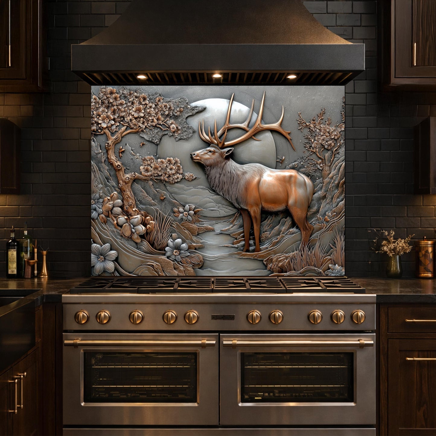 3D Deer Relief Glass Backsplash, Metallic Floral Nature Kitchen Wall Panel