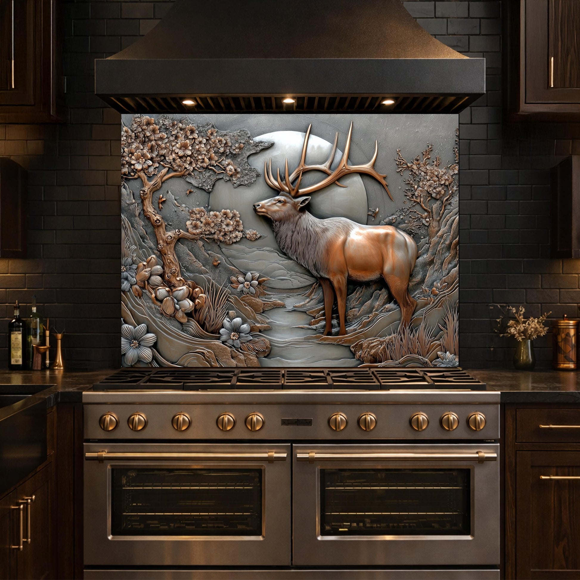 3D Deer Relief Glass Backsplash, Metallic Floral Nature Kitchen Wall Panel