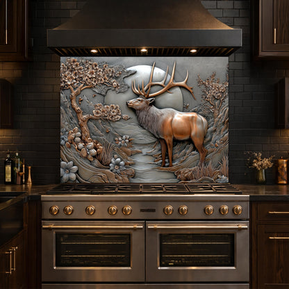 3D Deer Relief Glass Backsplash, Metallic Floral Nature Kitchen Wall Panel