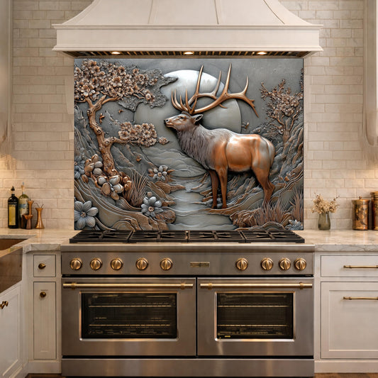 3D Deer Relief Glass Backsplash, Metallic Floral Nature Kitchen Wall Panel