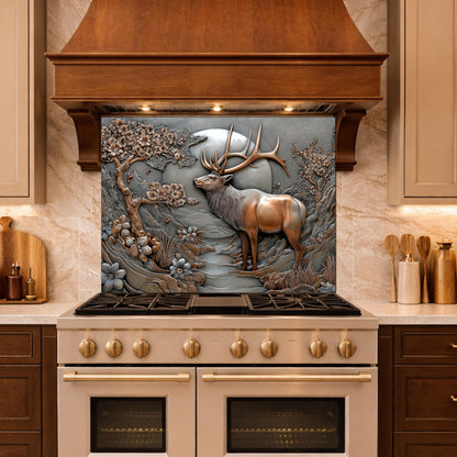 3D Deer Relief Glass Backsplash, Metallic Floral Nature Kitchen Wall Panel