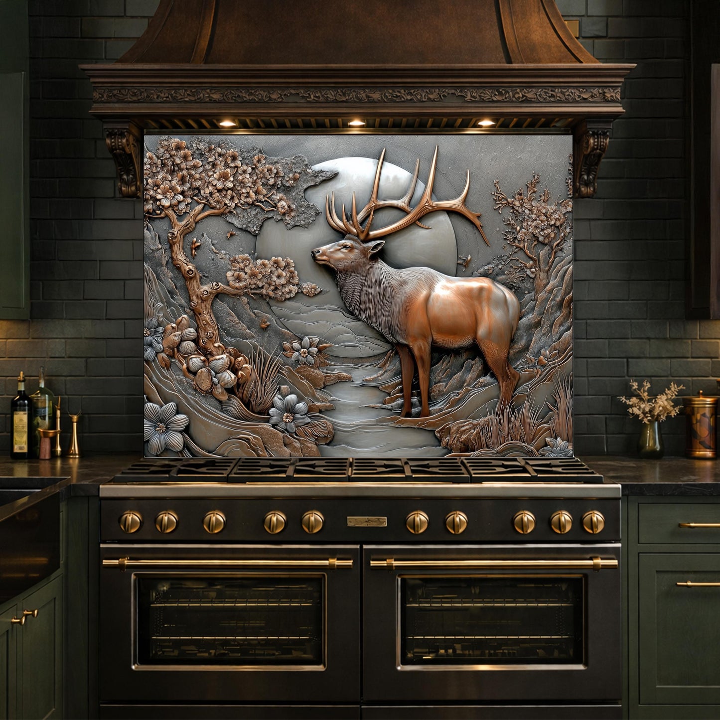 3D Deer Relief Glass Backsplash, Metallic Floral Nature Kitchen Wall Panel