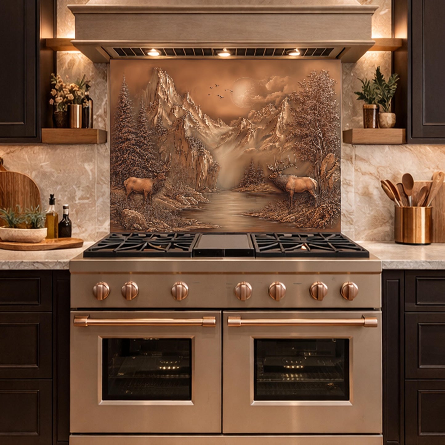 3D Deer Mountain Glass Backsplash, Bronze Landscape Kitchen Wall Panel