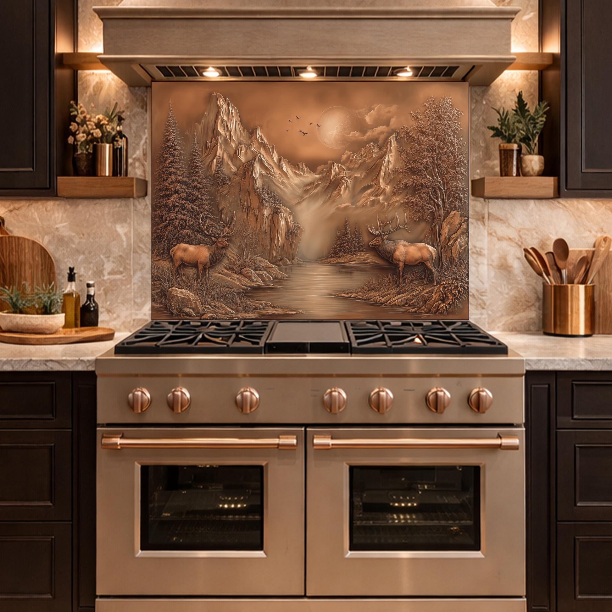 3D Deer Mountain Glass Backsplash, Bronze Landscape Kitchen Wall Panel