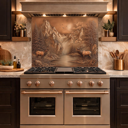 3D Deer Mountain Glass Backsplash, Bronze Landscape Kitchen Wall Panel