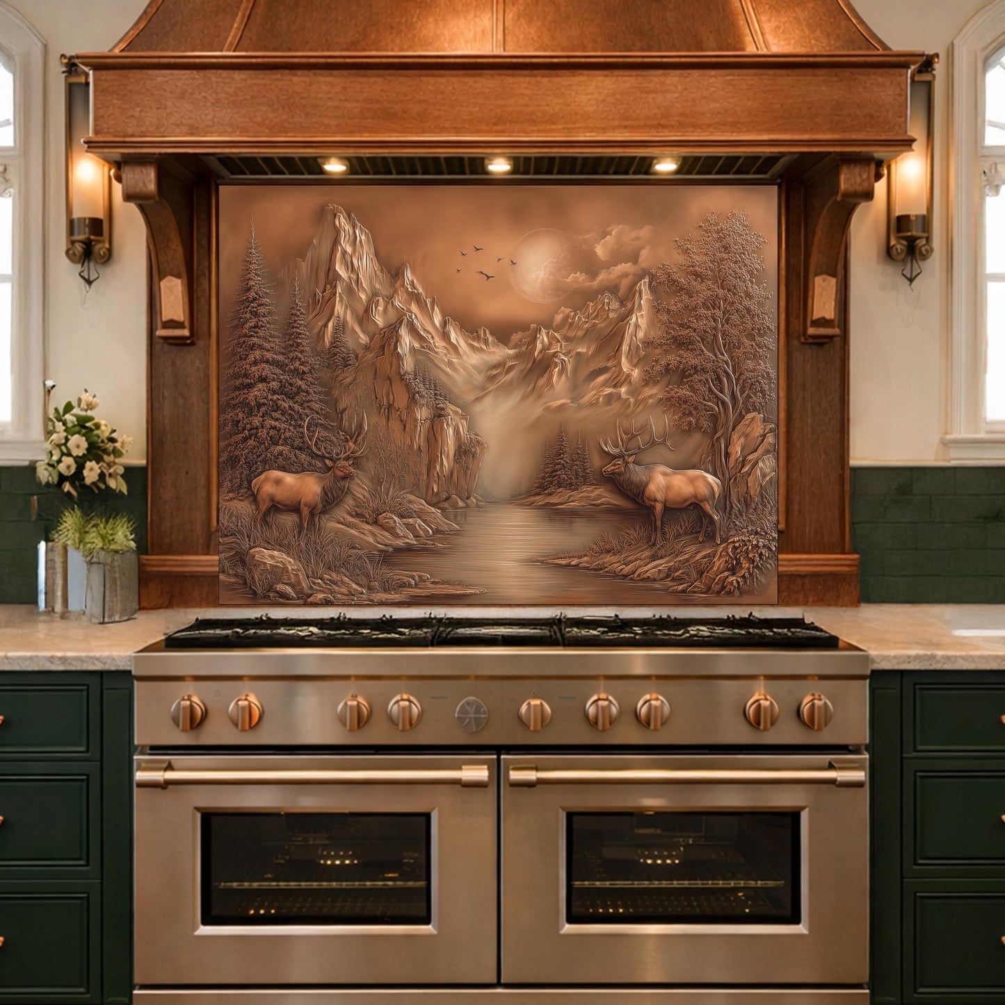3D Deer Mountain Glass Backsplash, Bronze Landscape Kitchen Wall Panel