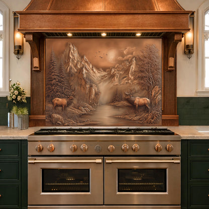 3D Deer Mountain Glass Backsplash, Bronze Landscape Kitchen Wall Panel