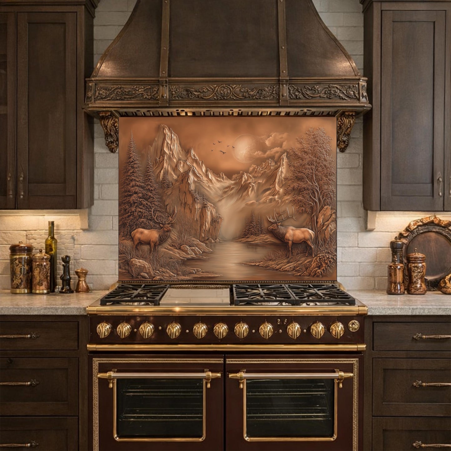 3D Deer Mountain Glass Backsplash, Bronze Landscape Kitchen Wall Panel