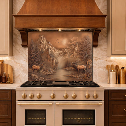 3D Deer Mountain Glass Backsplash, Bronze Landscape Kitchen Wall Panel