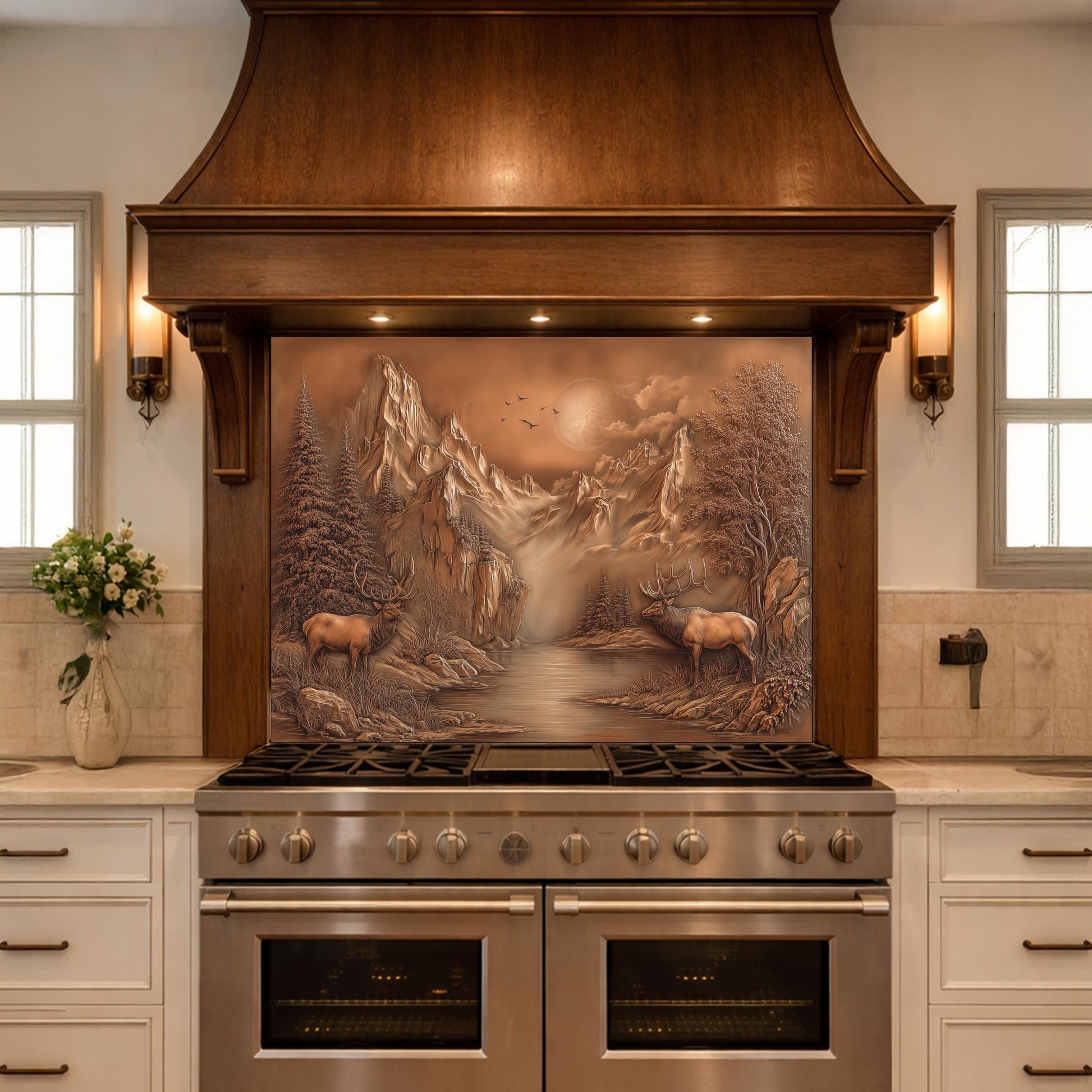 3D Deer Mountain Glass Backsplash, Bronze Landscape Kitchen Wall Panel