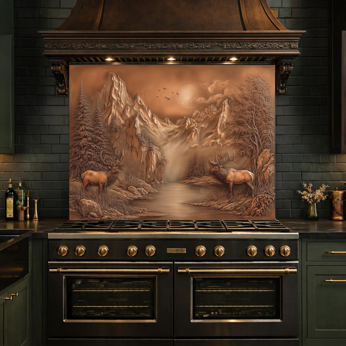 3D Deer Mountain Glass Backsplash, Bronze Landscape Kitchen Wall Panel