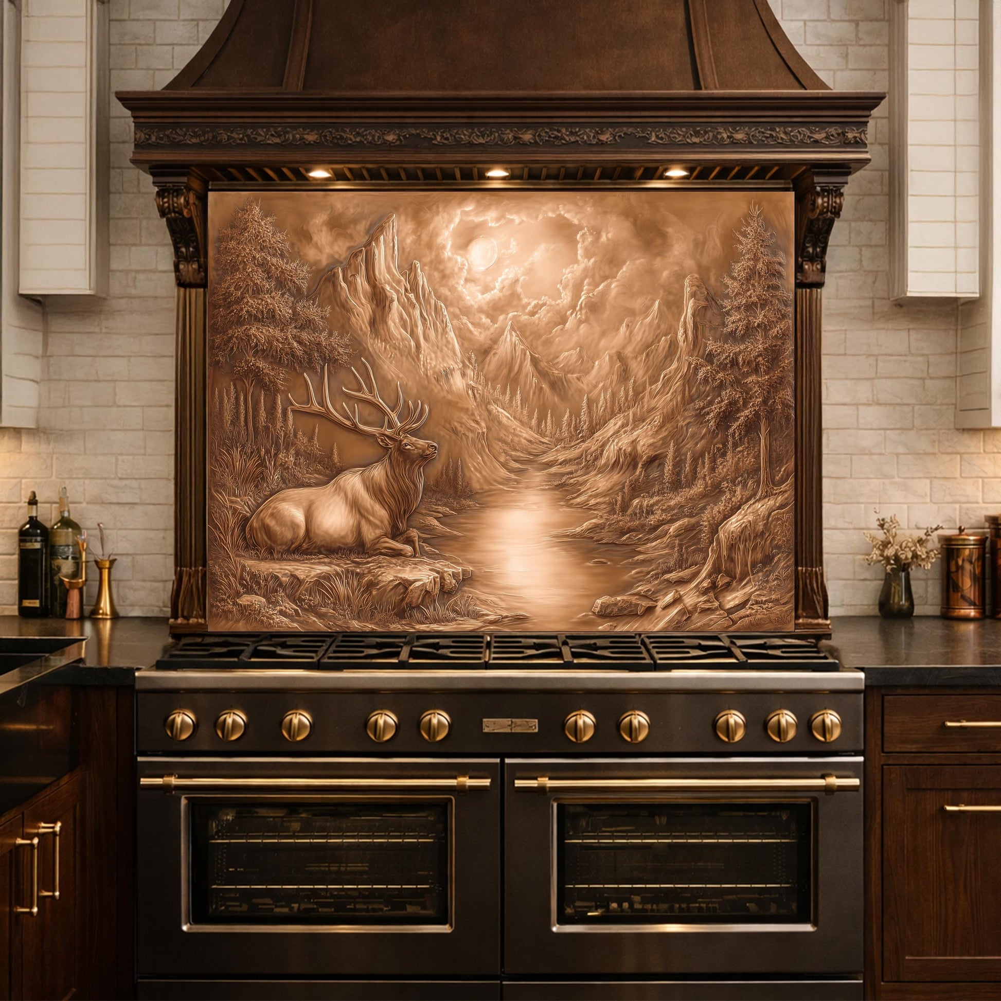 3D Deer Mountain Glass Backsplash, Bronze Nature Landscape Kitchen Panel