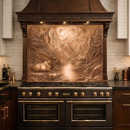 3D Deer Mountain Glass Backsplash, Bronze Nature Landscape Kitchen Panel