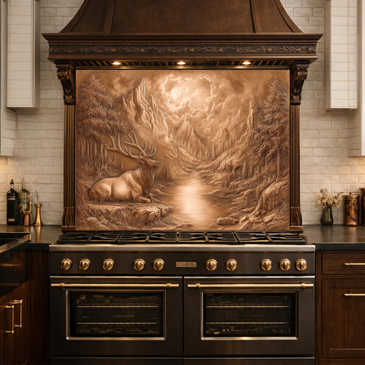 3D Deer Mountain Glass Backsplash, Bronze Nature Landscape Kitchen Panel