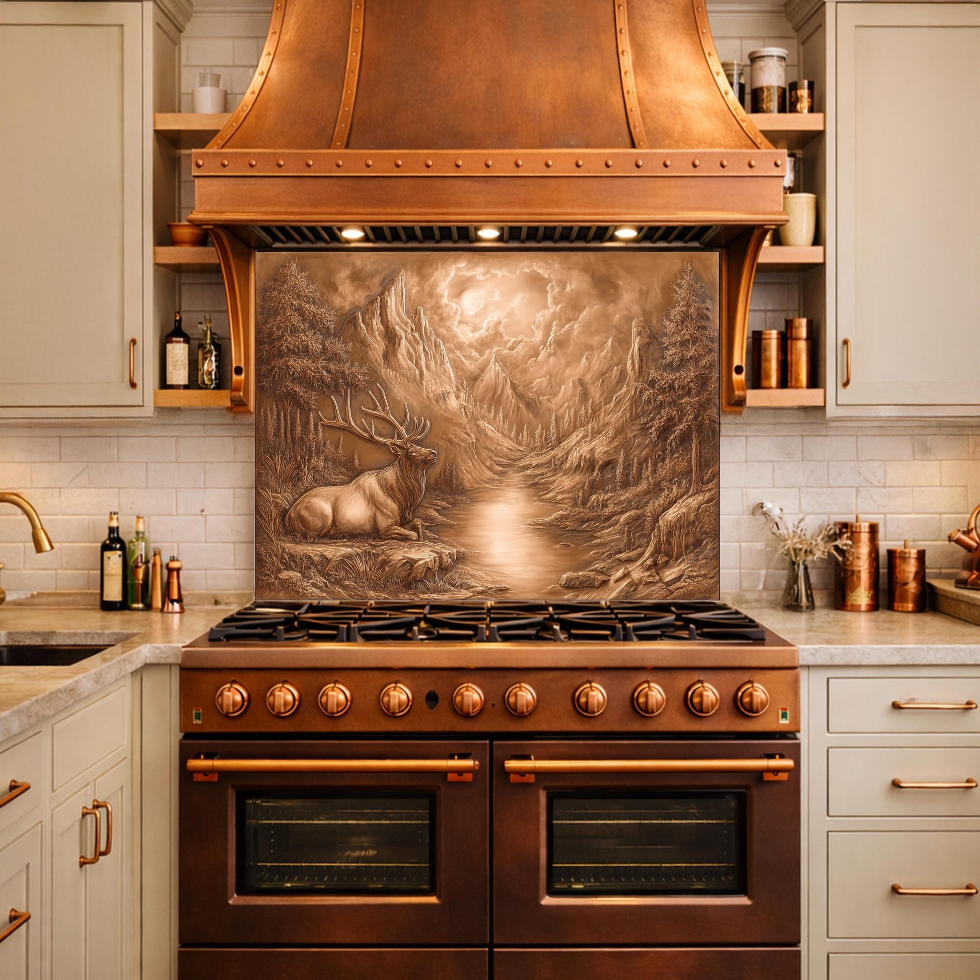 3D Deer Mountain Glass Backsplash, Bronze Nature Landscape Kitchen Panel