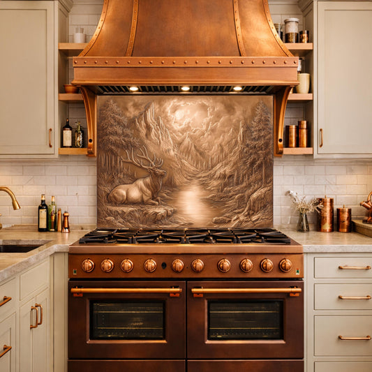 3D Deer Mountain Glass Backsplash, Bronze Nature Landscape Kitchen Panel