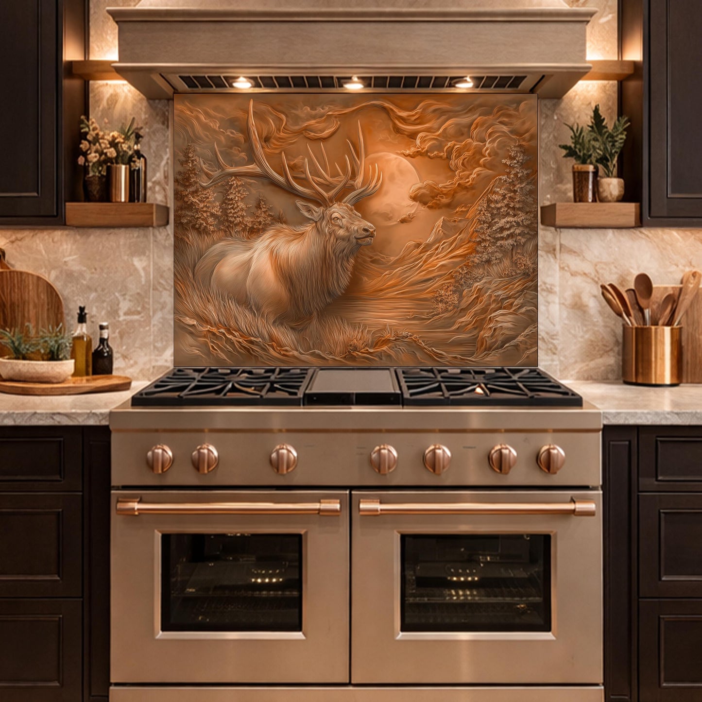 3D Deer Head Glass Backsplash, Bronze Mountain Moon Kitchen Wall Panel