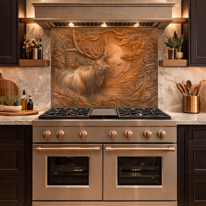 3D Deer Head Glass Backsplash, Bronze Mountain Moon Kitchen Wall Panel