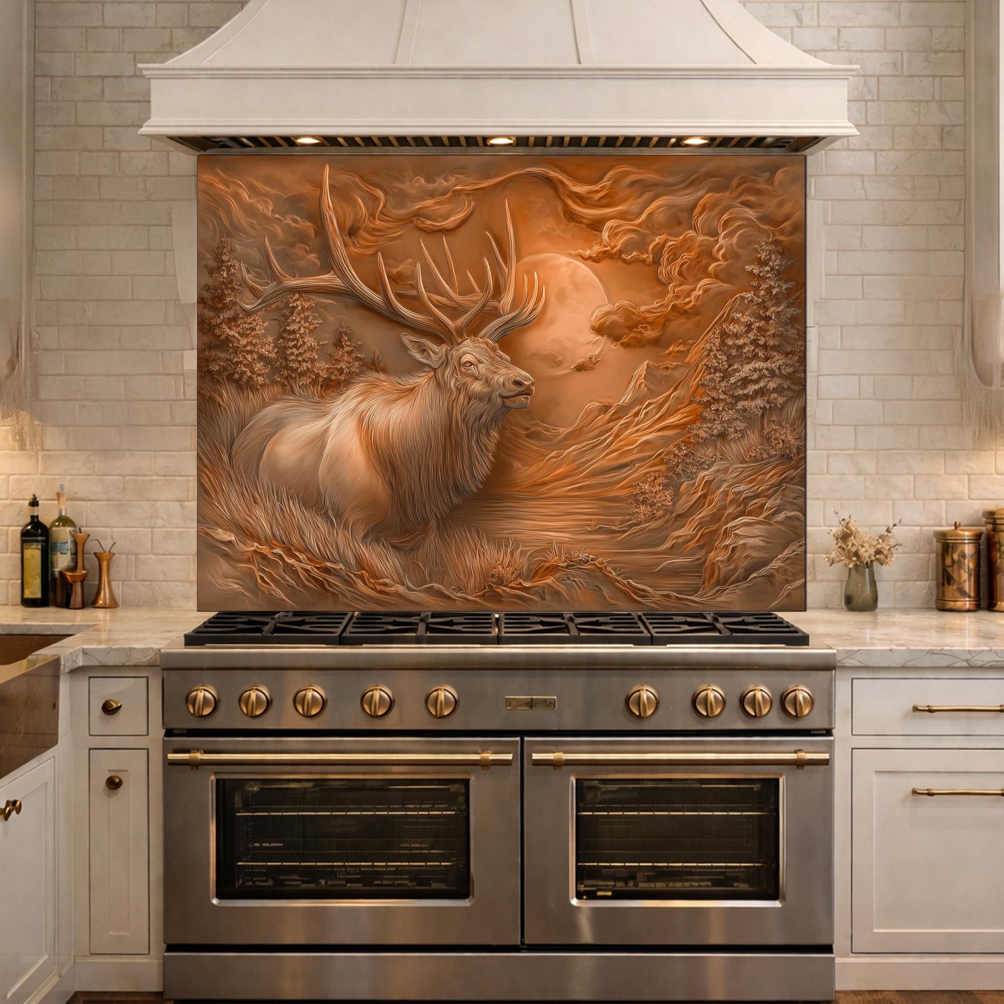3D Deer Head Glass Backsplash, Bronze Mountain Moon Kitchen Wall Panel